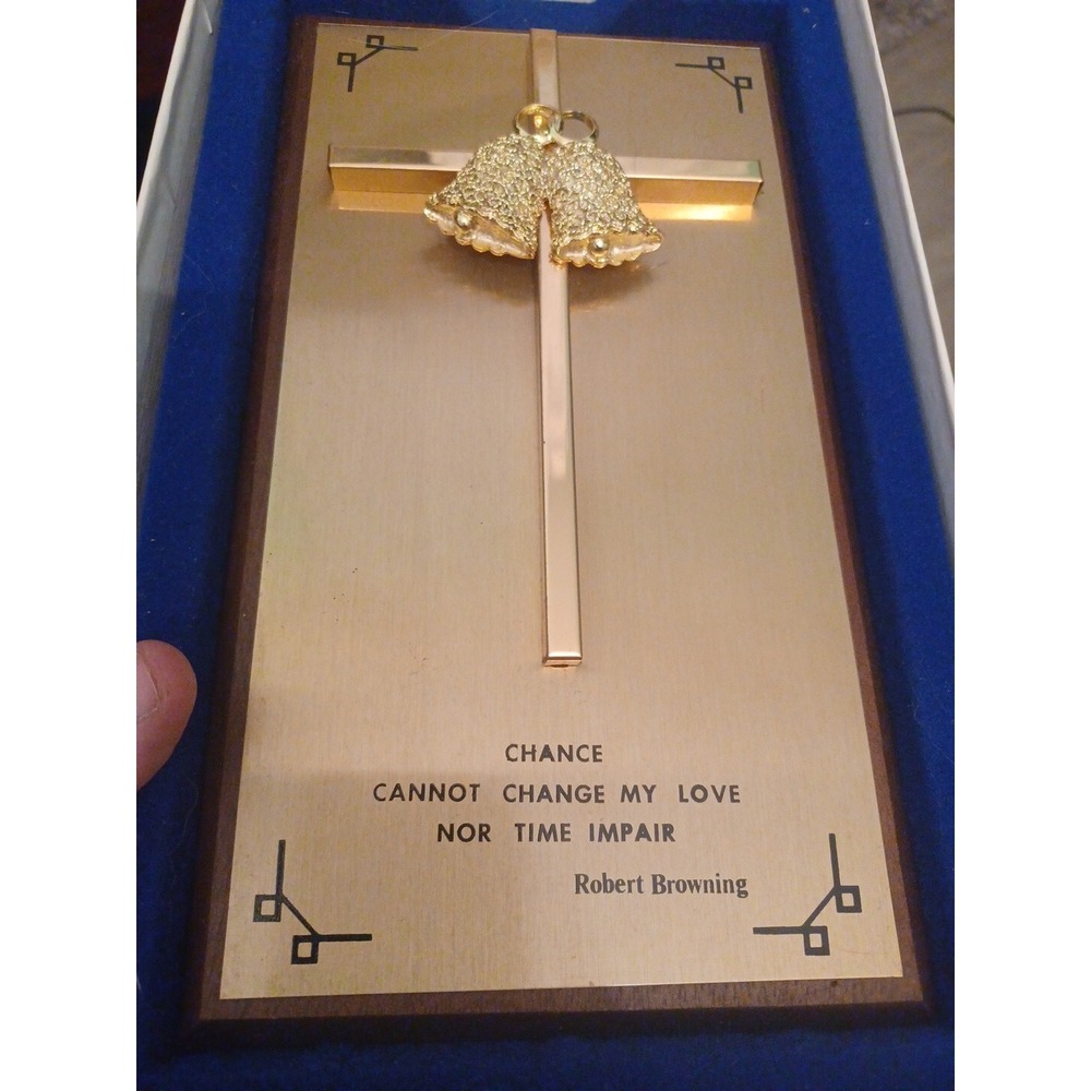 Vintage Gold Cross Wedding Bells Plaque Robert Browning Quote Wood Base 9x4.5
